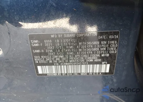 2024 Subaru Ascent Limited 8-Passenger z USA, uszkodzony, nr VIN 4S4WMARD9R3427873